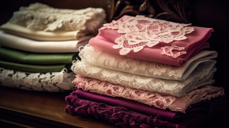 Pile of colorful fabric with lace on the shelf in vintage styleの素材