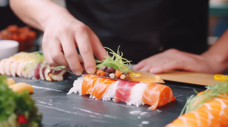 Closeup of male hands cutting sushi on wooden board with knife.の素材