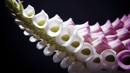 Close-up of white and pink flower isolated on black background.の素材