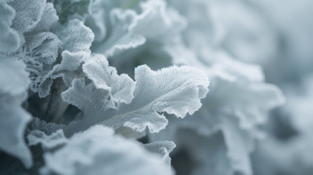 Close-up of white leaves covered with hoarfrost. Nature background.の素材