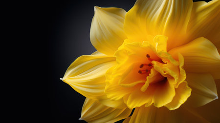 Yellow daffodil flower isolated on black background. Close up.の素材
