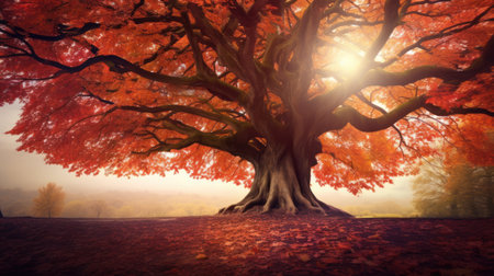 Autumn landscape with old tree and sunbeams. 3D renderingの素材