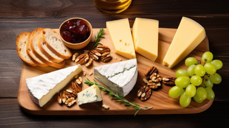 Cheese platter with grapes, nuts and jam on wooden backgroundの素材