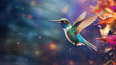 Hummingbird in flight with flowers and bokeh background.の素材