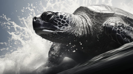 Close up of a sea turtle swimming in the ocean with splashesの素材