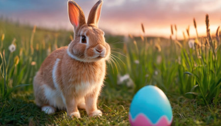 Easter bunny and easter egg on green grass at sunset.の素材