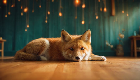 red fox lying on the floor in a room with a garlandの素材
