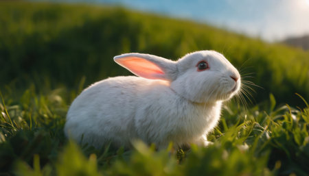 Cute white rabbit on green grass at sunset. Easter concept.の素材