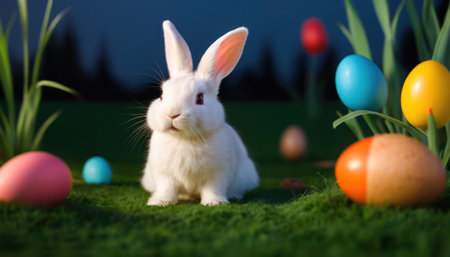 Cute white rabbit and easter eggs on green grass in gardenの素材