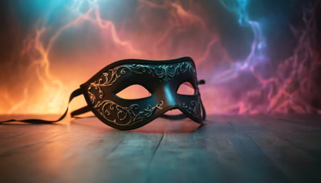 Black carnival mask on wooden floor with fire background. Carnival concept.の素材