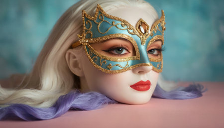 Carnival mask on a wooden table with colorful fabric background.の素材