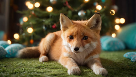 Portrait of a cute red fox on the background of a Christmas treeの素材