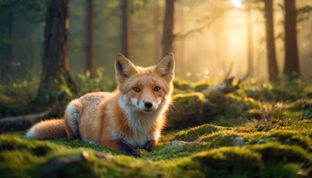 Red fox in the forest at sunrise. Beautiful wild animal in the nature habitat.の素材
