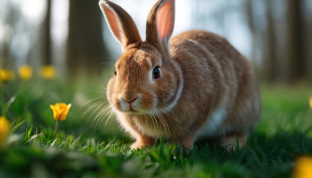 Rabbit on a meadow with yellow daffodils.の素材