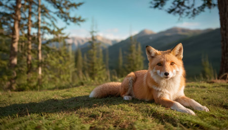 Portrait of a red fox lying on the grass in the mountainsの素材