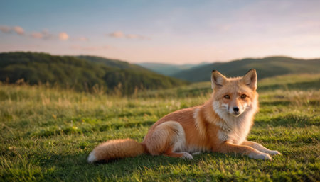 Red fox lying on grass and looking at the camera. Sunset in the mountains.の素材