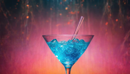 Blue cocktail in a martini glass with ice cubes on a blurred background.の素材