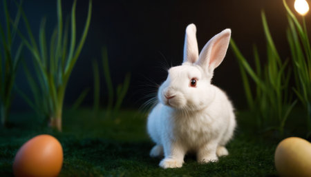 Cute white rabbit with easter eggs on green grass at nightの素材
