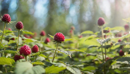 Raspberry in the forest on a sunny summer day. Selective focus.の素材