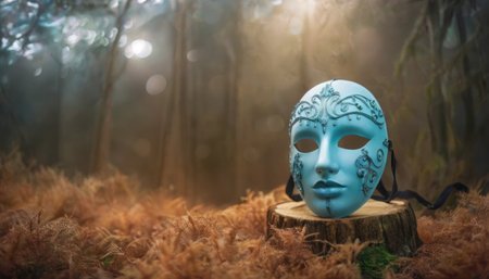 Blue carnival mask on wooden stump in forest at night. Halloween conceptの素材