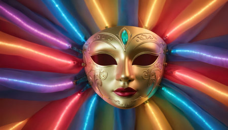 Mardi Gras mask with multicolored lights, 3d illustrationの素材