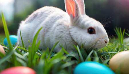 Cute white rabbit and easter eggs on green grass in gardenの素材