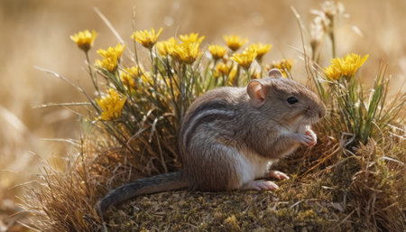 Close up of a chipmunk eating yellow flowers in the fieldの素材