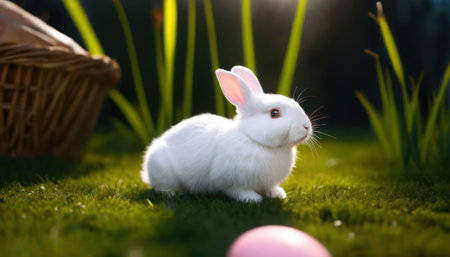 Cute white rabbit sitting on the grass with Easter eggs in the backgroundの素材