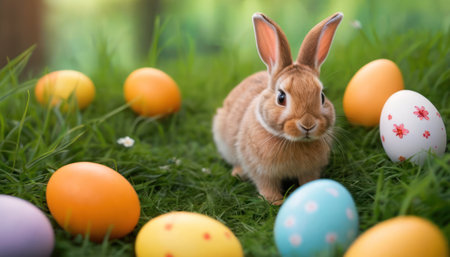 Cute little bunny and easter eggs on green grass in gardenの素材