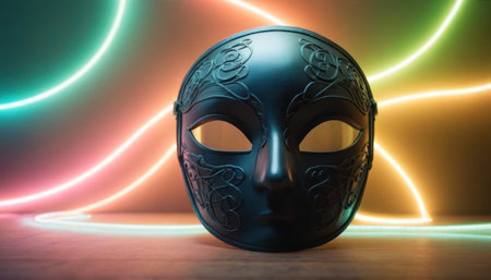 Black mask on a wooden table in front of a colored neon backgroundの素材