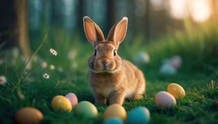 Easter bunny and easter eggs on green grass in the forestの素材