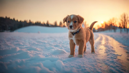 Adorable dog in the snow at sunset. Nova Scotia Duck Tolling Retrieverの素材