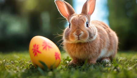 Cute little rabbit with easter egg on green grass in gardenの素材