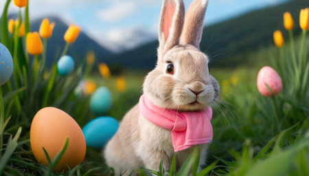 Easter bunny with colorful eggs and tulips in the meadowの素材