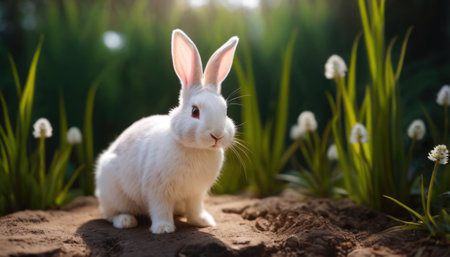 White rabbit on the grass in the garden. Easter bunny in the nature.の素材