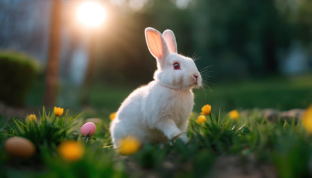 Cute white rabbit with easter eggs on green grass at sunsetの素材
