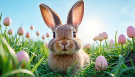 Easter bunny with easter eggs in green grass and flowers on blue sky backgroundの素材