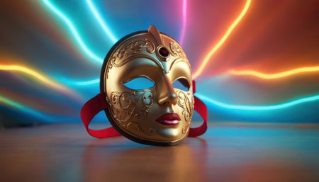 Carnival mask with red ribbon on the background of colorful lightsの素材