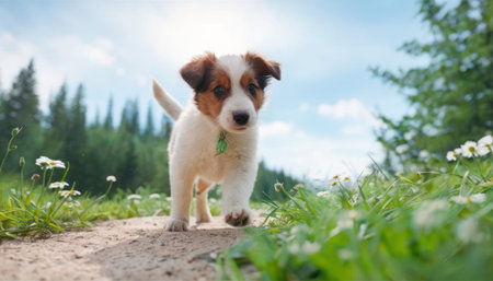 Cute puppy Jack Russell Terrier walks in the field on a sunny dayの素材