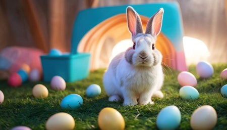Easter bunny and colorful eggs on green grass at sunny day.の素材