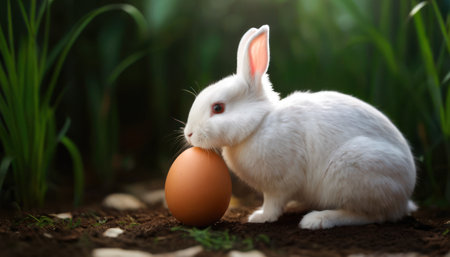 Cute white rabbit with egg in the garden. Easter concept.の素材