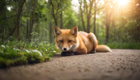 Red fox lying on the road in the forest at sunset. Nature background.の素材