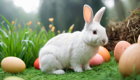 Easter bunny and easter eggs on green grass with blurred backgroundの素材