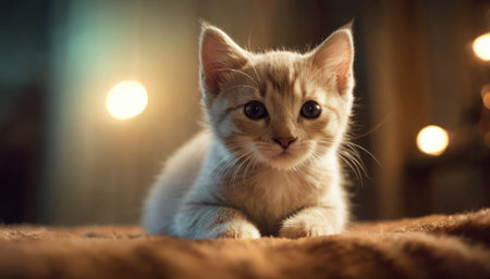 Cute little kitten on the bed in the room with Christmas lightsの素材