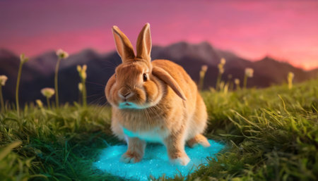Cute little rabbit sitting on green grass with mountain background at sunsetの素材