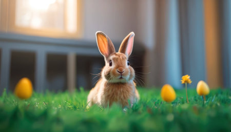 Easter bunny and easter eggs on green grass. Easter backgroundの素材