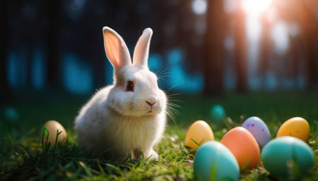 Cute white rabbit and colorful easter eggs on green grass.の素材
