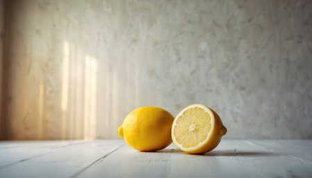 Lemon on a white wooden table in front of a light wallの素材