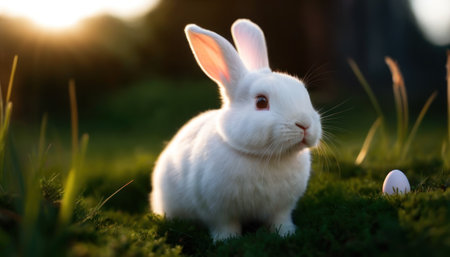 Cute white rabbit with easter egg on green grass at sunsetの素材