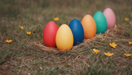 Colorful easter eggs in nest on green grass with yellow flowersの素材